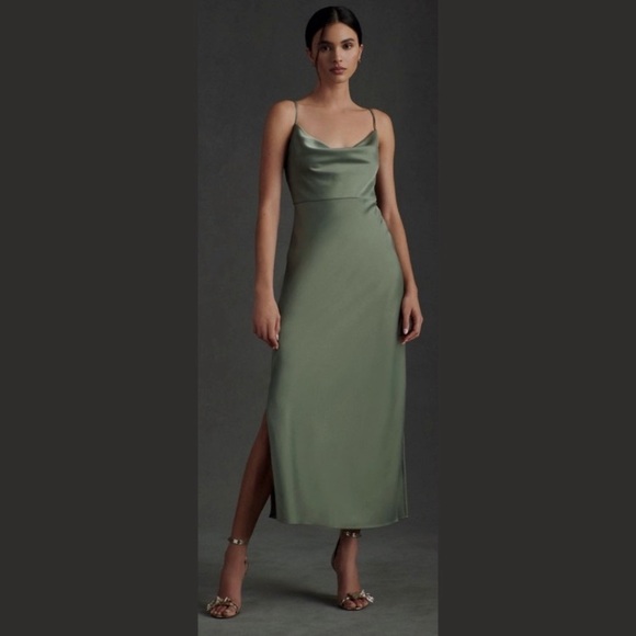 BHLDN Dresses & Skirts - BHLDN Cali Satin Cowl-Neck Midi Slip Dress Moss Green Size 6